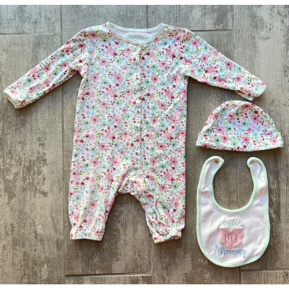 Baby Girl One Piece Coverall Bib Beanie Outfit 3 Piece Set CUTE LIKE MOMMY 6-9M